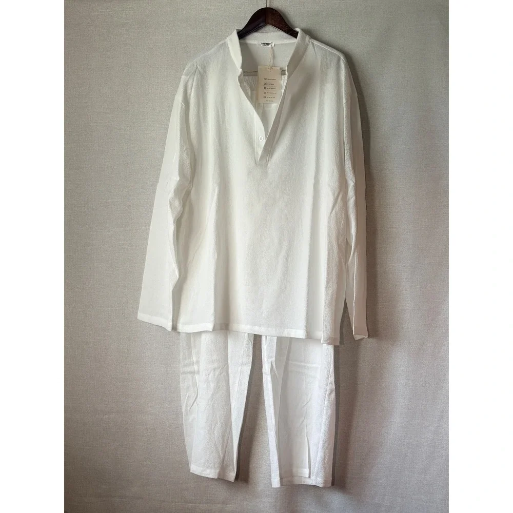NWT COOFANDY Mens White 2 Piece Henley Shirt and Pants Set Lounge XXXL Beachwear - Picture 2 of 16